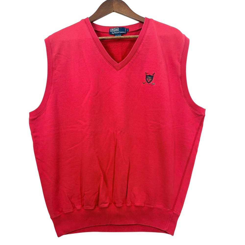 Polo‎ Ralph Lauren Mens Vintage Red V-Neck Sweatshirt Vest Golf Crest Large EUC